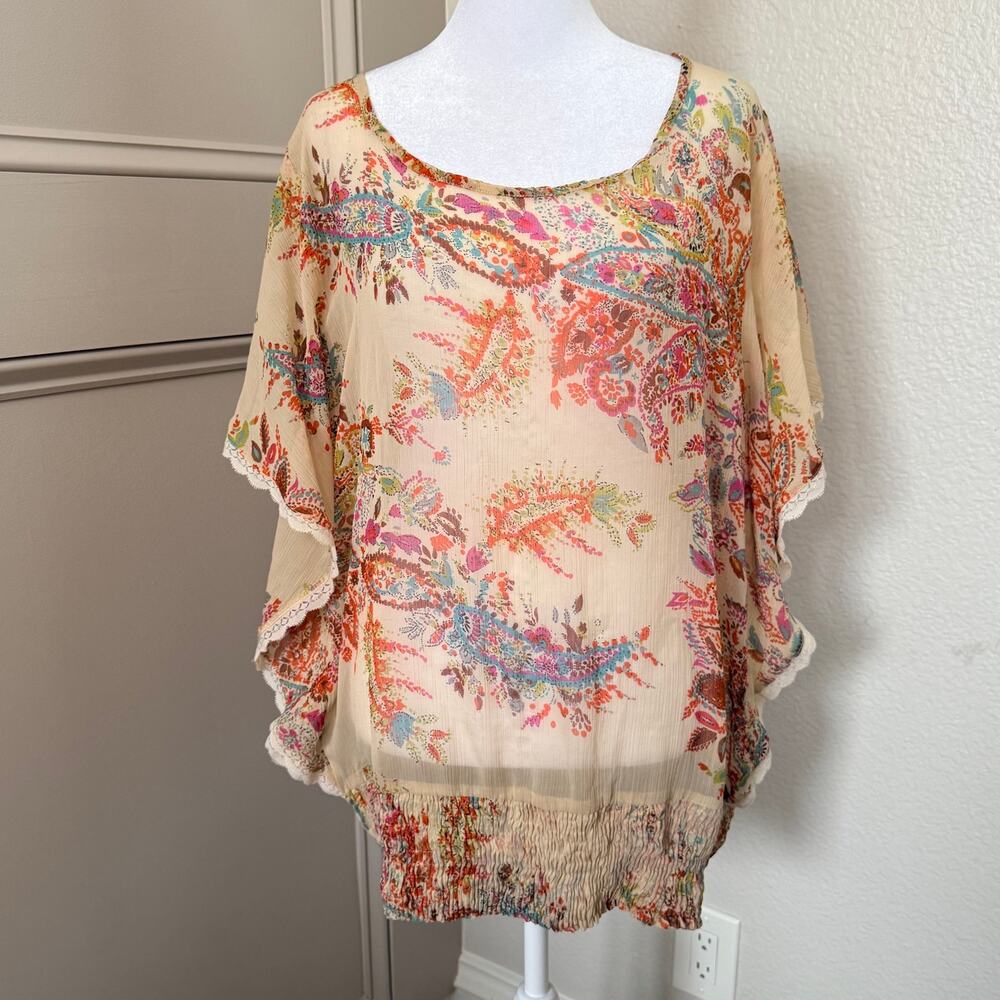 World Market Sheer Boho Paisley Winged Sleeve Top L/XL